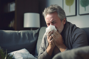 A sick old man blows his nose with a handkerchief in the living room