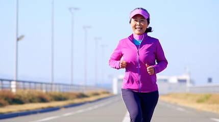 フィットネスとシニア女性、笑顔でジョギングをする日本人