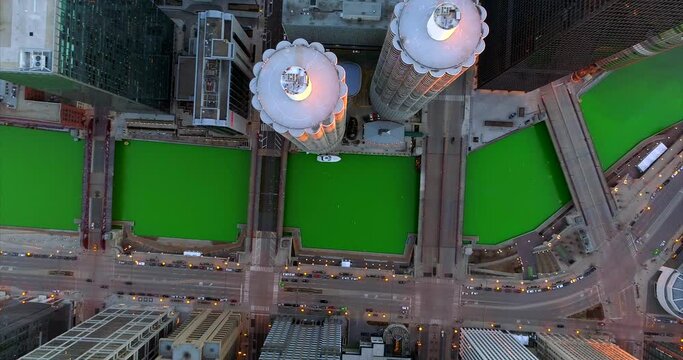 Aerial Green River St Patricks Day Chicago Illinois Skyline Urban