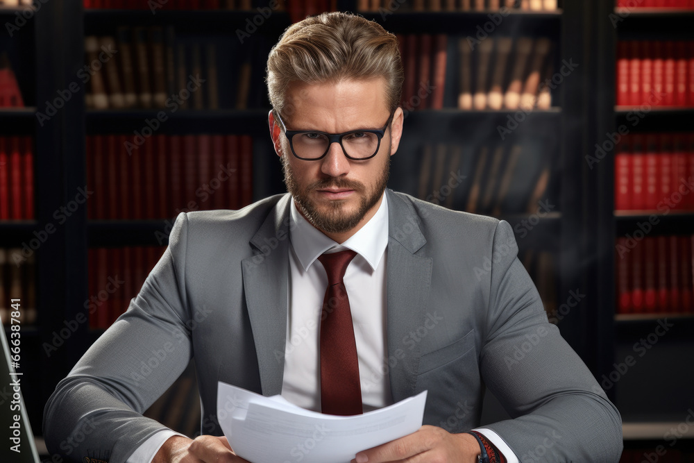 Poster man in suit and tie sitting at desk in front of laptop. suitable for business and technology concept