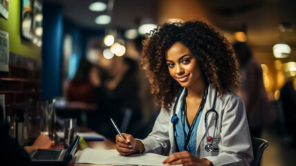 Young african american female doctor in a white coat fills out a patient form while working in a medical clinic, doing paperwork at the workplace - obrazy, fototapety, plakaty