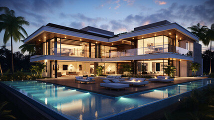 Fototapeta na wymiar Contemporary luxurious residence featuring a pool