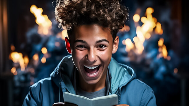 Young hispanic student celebrating victory and happy good news online, man reading page interent received notification and message, hold phone, use app win and good achievement