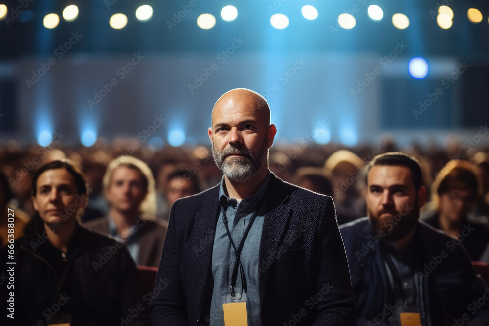 Poster man stands confidently in front of large crowd of people. this image can be used to depict leadershi
