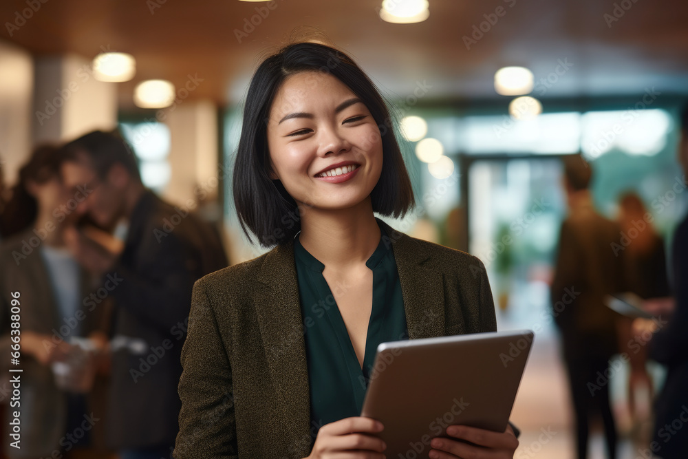 Poster woman is shown smiling while holding tablet computer. technology-related articles or blog posts, as 