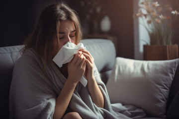A sick woman blows her nose with a handkerchief in the living room