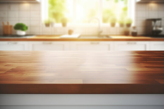 Wooden counter top is pictured next to window in kitchen. This image can be used to showcase cozy and inviting kitchen space.