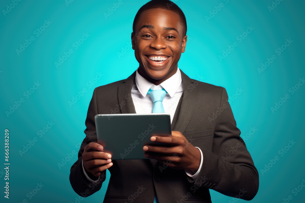 Poster professional man dressed in suit holding tablet computer. this image can be used to represent techno