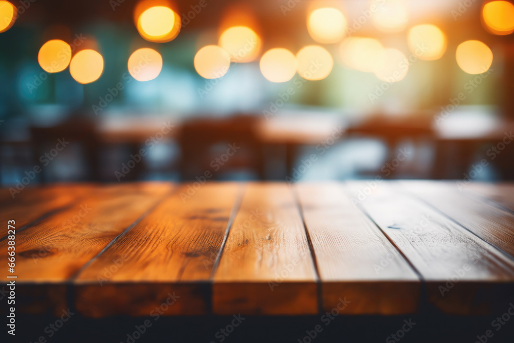 Poster simple wooden table with soft lights in background. perfect for adding warmth and ambiance to any se