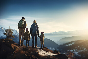 Happy family traveling on snowy mountain peak in winter - obrazy, fototapety, plakaty