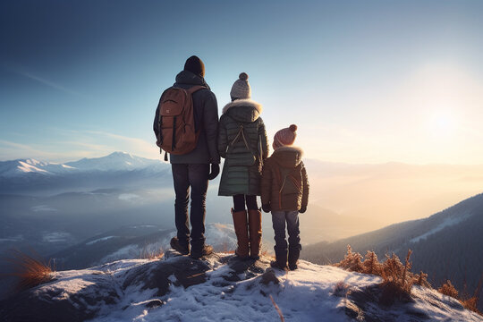 Happy family traveling on snowy mountain peak in winter