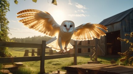 Big barn owl flying in fligh, Barn owl on aesthetic scenery background