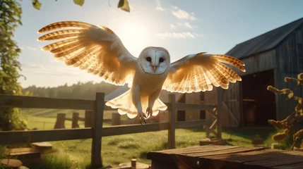 Foto op Canvas Big barn owl flying in fligh, Barn owl on aesthetic scenery background © CYBERUSS