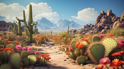 A desert scene with cacti showcasing their rare and stunning flowers.