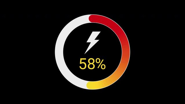 Circle battery charging animation with power icon and percentage numbers. Isolated on a black background.