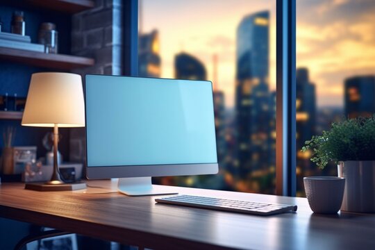 Close-up of office desktop with blank computer monitor, mock-up place for advertisement, lamp, and keyboard on blurry background. 3D rendering. Generative AI