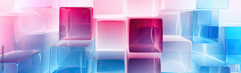 Wall mural panoramic texture background with random 3d cubic crystal boxes in bright blue and red colors