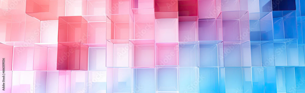 Wall mural panoramic texture background with random 3d cubic crystal boxes in bright blue and red colors