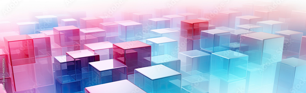 Wall mural panoramic texture background with random 3d cubic crystal boxes in bright blue and red colors
