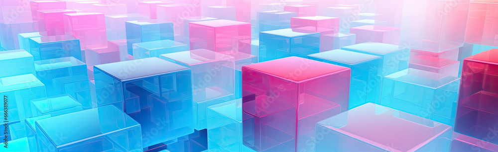 Wall mural panoramic texture background with random 3d cubic crystal boxes in bright blue and red colors