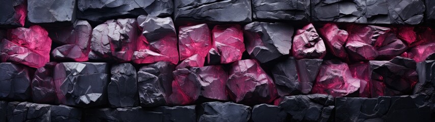 The stone wall, adorned with delicate pink nuggets and sparkling pink veins on its black rock texture, epitomizes the fusion of raw beauty and elegant sophistication.