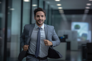 Naklejka premium Smiling male businessman running to work with inspiration in advertising concept