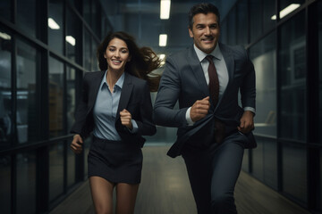Smiling couple businessman running to work with inspiration in advertising concept