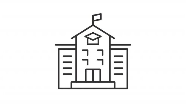 2D black simple thin line animation of school building icon, HD video with transparent background, seamless loop 4K video representing buildings.