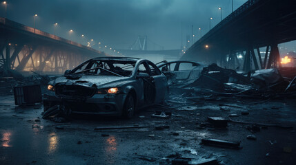 Post-apocalyptic city: Ruined buildings, burnt-out vehicles, and crumbling roads,a road with crashed cars and debris.