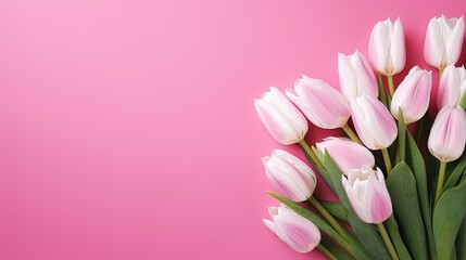 bouquet of pink and white tulips on a pink background. mothers day valentine copy space concept