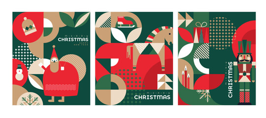 Set of Merry Christmas and Happy New Year 2024 vector illustration for greeting cards, posters, holiday covers in modern minimalist geometric style. - obrazy, fototapety, plakaty