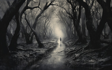 a tree lined path, in the style of ethereal and otherworldly atmosphere - obrazy, fototapety, plakaty