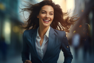 Smiling business woman running to work with inspiration in advertising concept