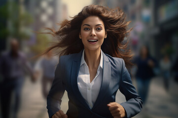 Smiling business woman running to work with inspiration in advertising concept - obrazy, fototapety, plakaty