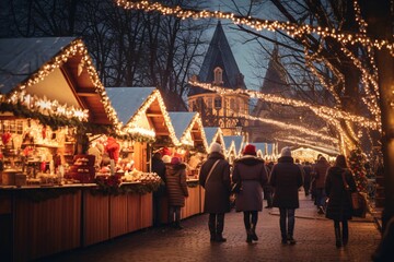 a bustling European Christmas market at twilight: wooden stalls, twinkling fairy lights, and families bundled in cozy attire