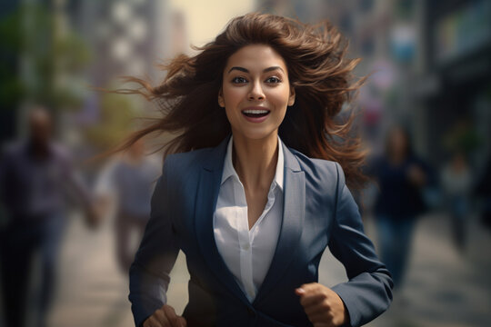 Smiling business woman running to work with inspiration in advertising concept