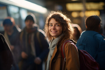female tourist standing and smiling at a train station full of people