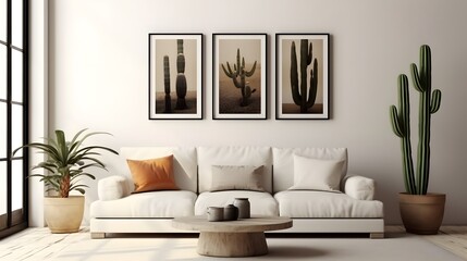 Trendy white living room with modern decoration, simple home decor. Room with black furniture, frame, cactus and some plants. Generative AI