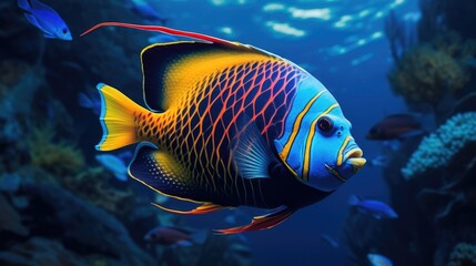 Vibrant tropical angel fish with brilliant colors, surrounded by marine flora. Close-up of a strikingly colored tropical fish in a deep blue marine setting.