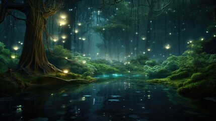 Ancient twisted tree amidst glowing forest with serene pond below. Mystical nighttime.