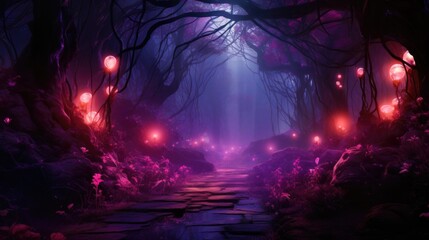 Mystical path with illuminated lanterns among twisted trees. Fantasy settings.