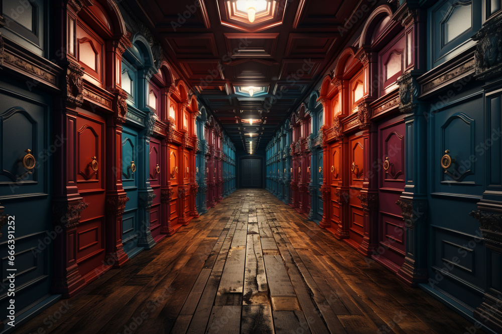 Poster a series of interconnected doors, each leading to a different dream or realm, symbolizing the endles