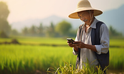 an old man farmer using mobile phone in rice field, smiling,Portrait of happy farmer holding rice grain whit smartphone. - obrazy, fototapety, plakaty