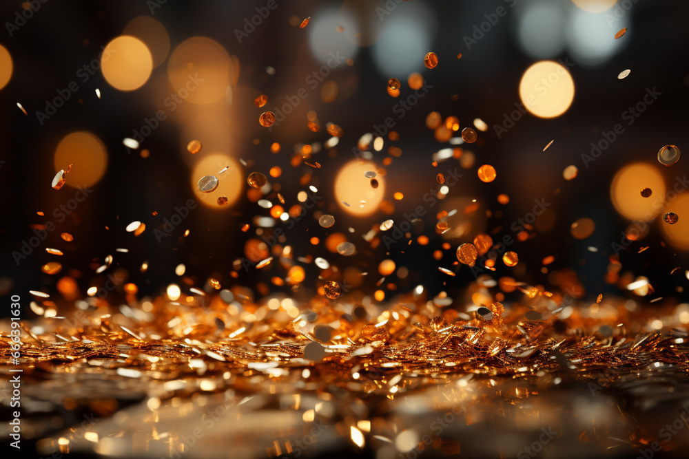 Poster A sparkling abstract background with golden confetti raining down to mark the beginning of the New Year.  