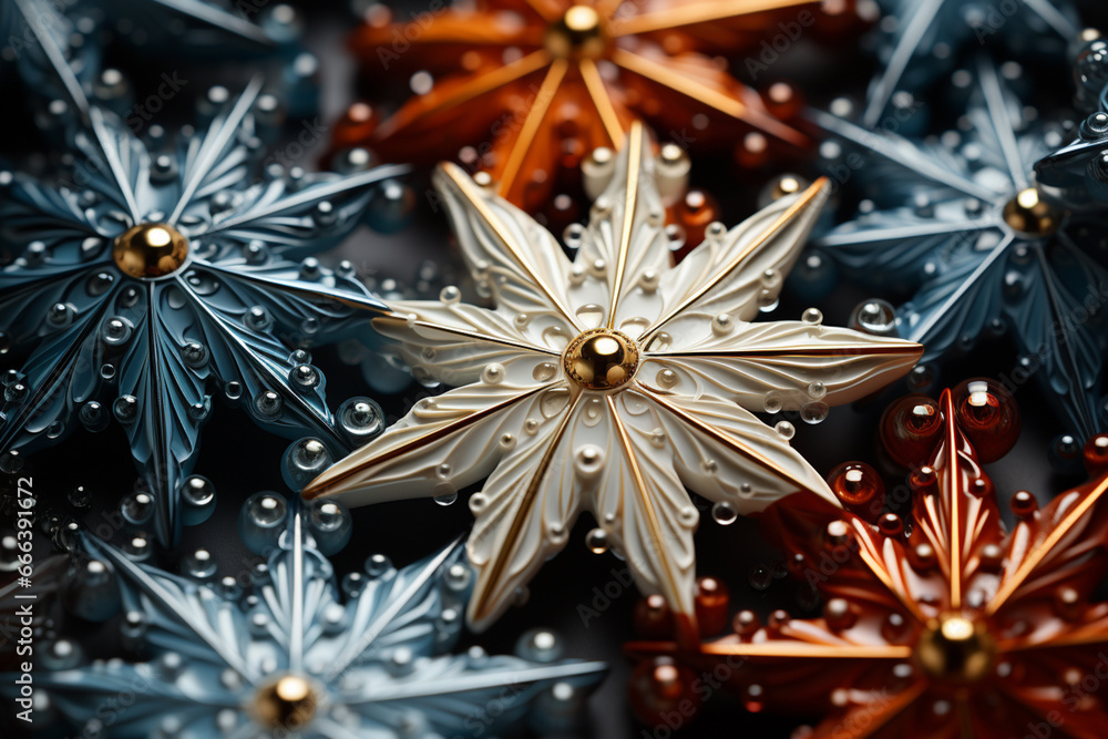 Poster abstract snowflakes in various shapes and sizes, evoking the wintery atmosphere of new year's eve.