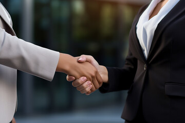 Business women shake hands on bokeh style background