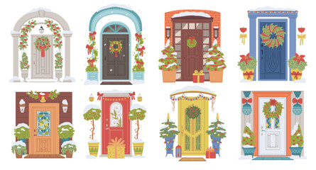 Christmas door vector set, entrance decorated for Christmas and New Year holiday, fir trees, garland, wreath red bows