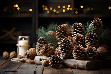 A rustic Christmas background with wooden textures, burlap ribbons, and pinecones, evoking a warm and inviting atmosphere.  