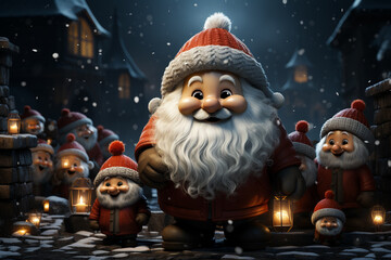 A whimsical Christmas background featuring cartoon-style characters like Santa Claus, elves, and snowmen.  
