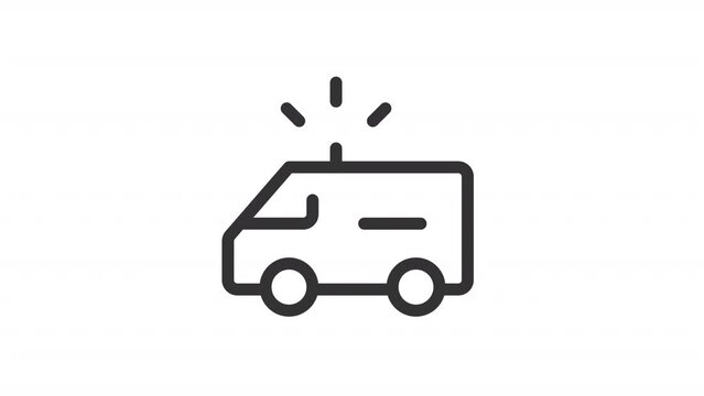 2D black simple thin line animation of ambulance icon, HD video with transparent background, seamless loop 4K video representing buildings.